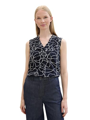 TOM TAILOR Damen Basic Bluse mit Rüschen-Detail am Kragen, abstract navy lines design, 36 von TOM TAILOR
