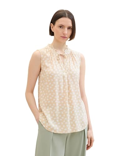 TOM TAILOR Damen Basic Bluse mit Rüschen-Detail am Kragen, beige halfmoon dot design, 38 von TOM TAILOR