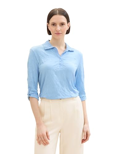 TOM TAILOR Damen Basic Crincle Bluse mit Polo Kragen , light fjord blue, M von TOM TAILOR