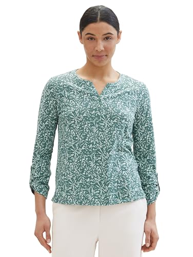 TOM TAILOR Damen Basic Henley Longsleeve mit Print, 34840 - Green Abstract Leaf Print, M von TOM TAILOR