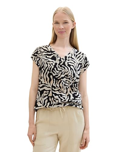 TOM TAILOR Damen Basic Kurzarm-Bluse mit Allover Print, black cut palmtree design, 32 von TOM TAILOR
