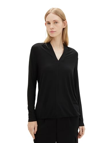 TOM TAILOR Damen Basic Langarm-Bluse mit Struktur, deep black, XS von TOM TAILOR