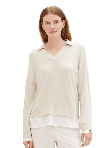 TOM TAILOR Damen Basic Langarmshirt aus Material-Mix, doeskin melange, XS von TOM TAILOR