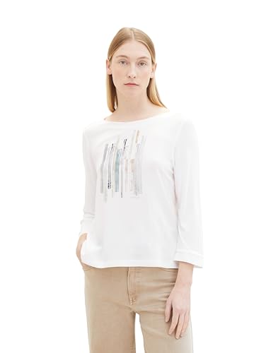 TOM TAILOR Damen Basic Langarmshirt mit Art-Print, 10315 - Whisper White, S von TOM TAILOR
