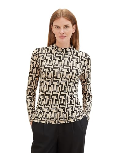 TOM TAILOR Damen Basic Langarmshirt mit Muster, beige black abstract design, XXXL von TOM TAILOR