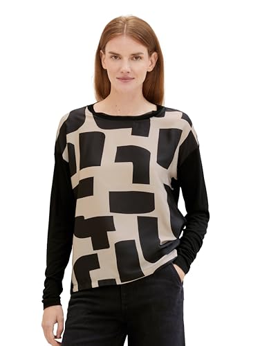 TOM TAILOR Damen Basic Langarmshirt mit Muster, beige geometric print design, M von TOM TAILOR