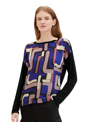 TOM TAILOR Damen Basic Langarmshirt mit Muster, black abstract design, XXXL von TOM TAILOR