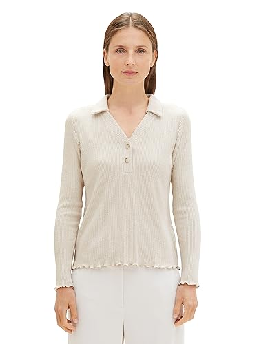 TOM TAILOR Damen Basic Langarmshirt mit Polo-Kragen, doeskin melange, L von TOM TAILOR