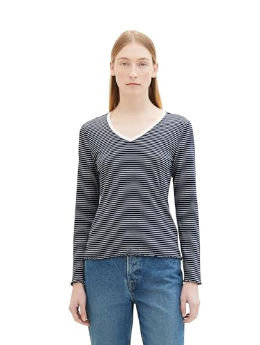 TOM TAILOR Damen Basic Langarmshirt mit Streifen, 34755 - Navy Offwhite Stripe, M von TOM TAILOR