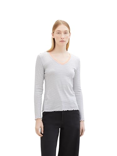TOM TAILOR Damen Basic Langarmshirt mit Streifen, 34756 - Offwhite Navy Stripe, L von TOM TAILOR