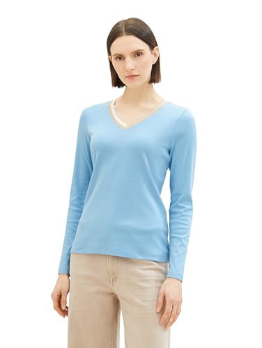 TOM TAILOR Damen Basic Langarmshirt mit V-Ausschnitt, Clear Light Blue, L von TOM TAILOR