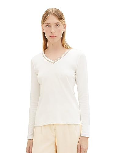 TOM TAILOR Damen Basic Langarmshirt mit V-Ausschnitt, Whisper White, XL von TOM TAILOR
