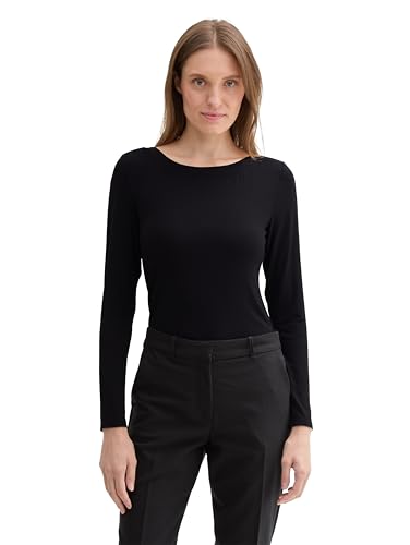 TOM TAILOR Damen Basic Longsleeve mit U-Boot-Kragen, 14482 - Deep Black, XS von TOM TAILOR