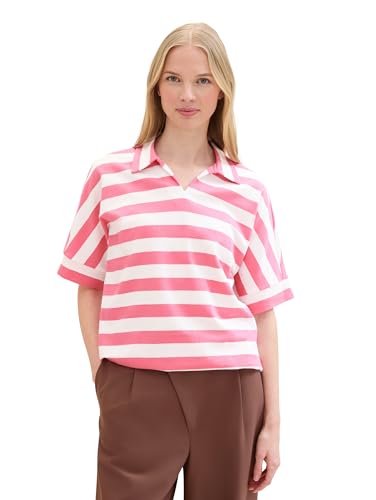 TOM TAILOR Damen Basic Polo-T-Shirt mit Streifen, pink offwhite block stripe, M von TOM TAILOR