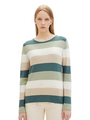 TOM TAILOR Damen Basic Pullover mit Rundhalsausschnitt, 35540 - Green Multicolor Stripe, M von TOM TAILOR