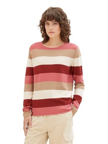 TOM TAILOR Damen Basic Pullover mit Rundhalsausschnitt, 28150 - Pink Block Stripe, L von TOM TAILOR