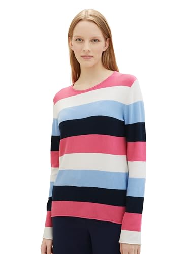 TOM TAILOR Damen Basic Pullover mit Rundhalsausschnitt, 35538 - Pink Multicolor Stripe, L von TOM TAILOR