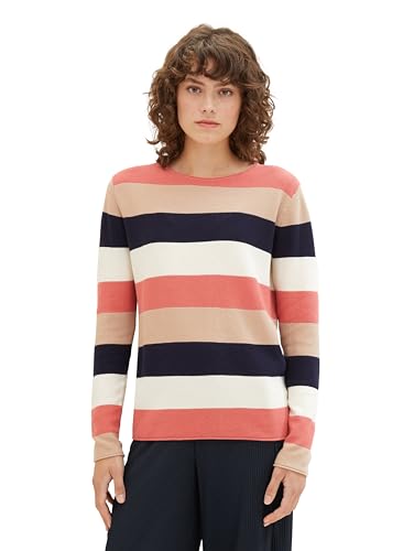 TOM TAILOR Damen Basic Pullover mit Rundhalsausschnitt, 30650 - Pink Navy Colorblock Stripe, L von TOM TAILOR