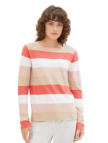 TOM TAILOR Damen Basic Pullover mit Rundhalsausschnitt, 35085 - Rose Red Ottoman Stripe, L von TOM TAILOR