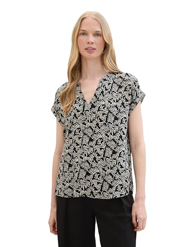 TOM TAILOR Damen Basic Sommer Blusen-Top, black palm minimal design, 40 von TOM TAILOR