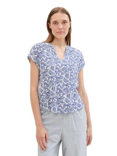 TOM TAILOR Damen Basic Sommer Blusen-Top, white palm minimal design, 38 von TOM TAILOR