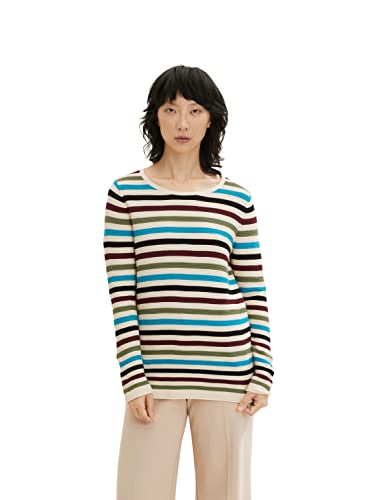 TOM TAILOR Damen Basic Strickpullover aus Bio-Baumwolle, 30725 - Teal Blue Butter Stripe, XL von TOM TAILOR
