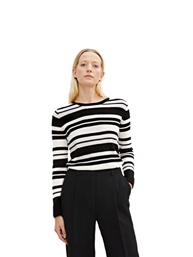 TOM TAILOR Damen 1034460 Basic Strickpullover aus Baumwolle, 30948 - Offwhite Black Stripe, L von TOM TAILOR