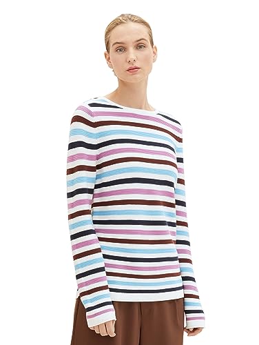 TOM TAILOR Damen Basic Strickpullover aus Bio-Baumwolle, 33979 - Mauvy Ottoman Stripe, XXS von TOM TAILOR