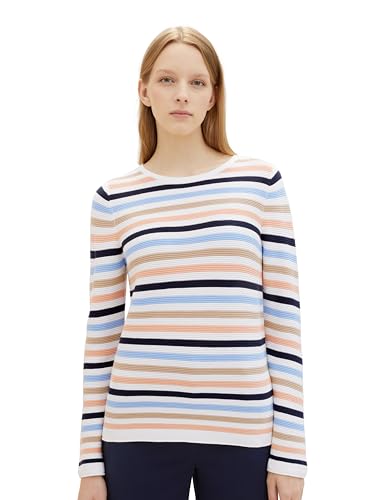TOM TAILOR Damen Basic Strickpullover aus Bio-Baumwolle, 34798 - Peach Blue Ottoman Stripe, S von TOM TAILOR