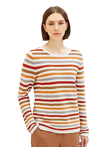 TOM TAILOR Damen Basic Strickpullover aus Bio-Baumwolle, 32441 - Orange Ottoman Stripe, S von TOM TAILOR