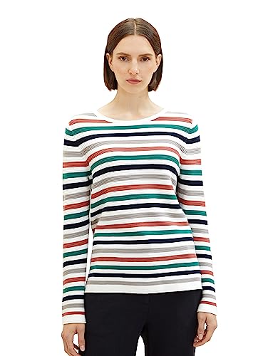 TOM TAILOR Damen Basic Strickpullover aus Bio-Baumwolle, 32442 - Blue Ottoman Stripe, XS von TOM TAILOR