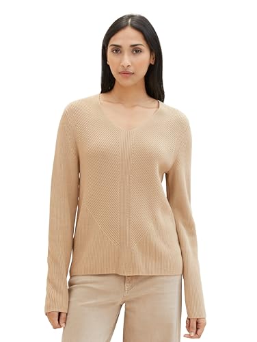 TOM TAILOR Damen Basic Strickpullover mit V-Ausschnitt, 11485 - Sandy Beige, L von TOM TAILOR