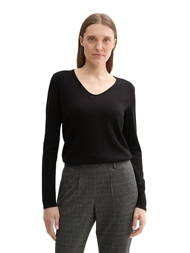 TOM TAILOR Damen Basic Strickpullover mit V-Ausschnitt, 13312 - Deep Black, S von TOM TAILOR