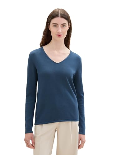 TOM TAILOR Damen Basic Strickpullover mit V-Ausschnitt, 26779 - Nighttime Blue, XS von TOM TAILOR