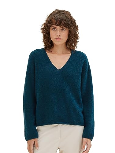 TOM TAILOR Damen Basic Strickpullover mit V-Ausschnitt, deep pond green melange, XXS von TOM TAILOR