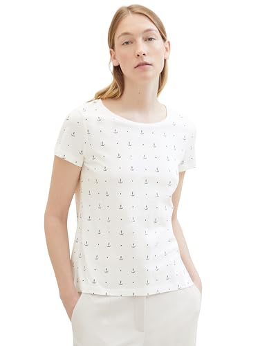 TOM TAILOR Damen Basic T-Shirt im Maritim-Style, 35664 - Offwhite Anchor Design, L von TOM TAILOR