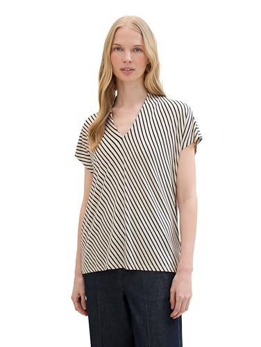 TOM TAILOR Damen Basic T-Shirt mit Allover-Print, beige navy stripe, S von TOM TAILOR