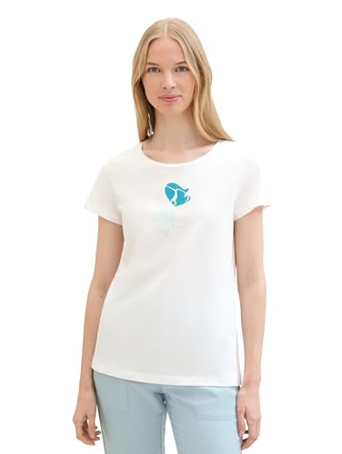 TOM TAILOR Damen Basic T-Shirt mit Blumen Print, Whisper White, XS von TOM TAILOR