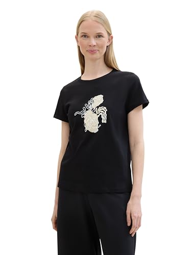 TOM TAILOR Damen Basic T-Shirt mit Blumen-Print, deep black, XS von TOM TAILOR