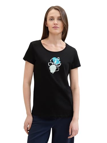 TOM TAILOR Damen Basic T-Shirt mit Blumen Print, deep black, XXL von TOM TAILOR