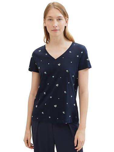 TOM TAILOR Damen Basic T-Shirt mit Herz-Print, 35661 - Navy Heart Design, M von TOM TAILOR