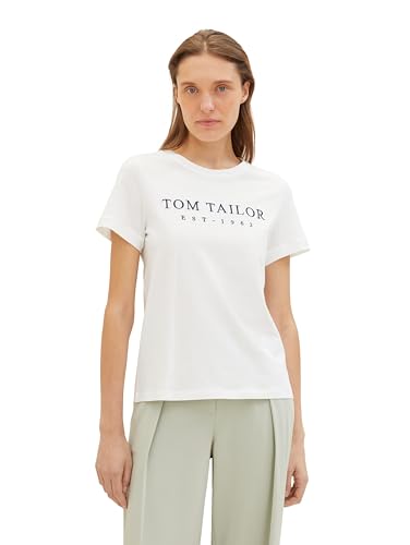 TOM TAILOR Damen Basic T-Shirt mit Logo-Print, 10315 - Whisper White, S von TOM TAILOR