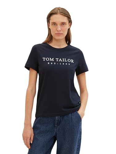 TOM TAILOR Damen Basic T-Shirt mit Logo-Print, 10668 - Sky Captain Blue, XXL von TOM TAILOR