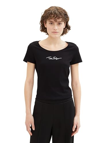 TOM TAILOR Damen Basic T-Shirt mit Logo-Print, 14482 - Deep Black, XXXL von TOM TAILOR