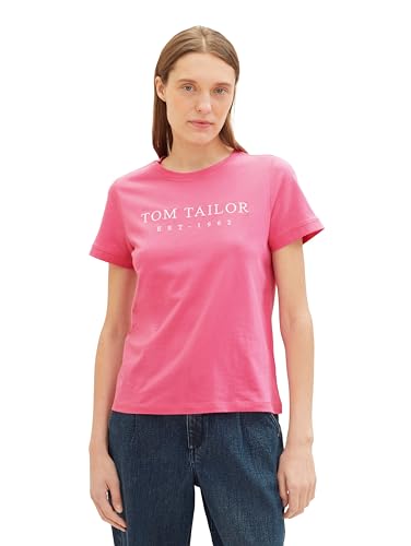 TOM TAILOR Damen Basic T-Shirt mit Logo-Print, 15799 - Carmine Pink, L von TOM TAILOR