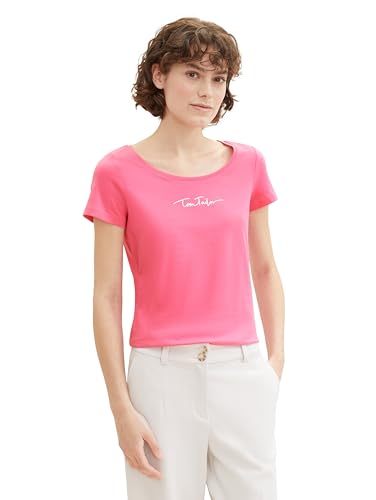 TOM TAILOR Damen Basic T-Shirt mit Logo-Print, 15799 - Carmine Pink, XXL von TOM TAILOR