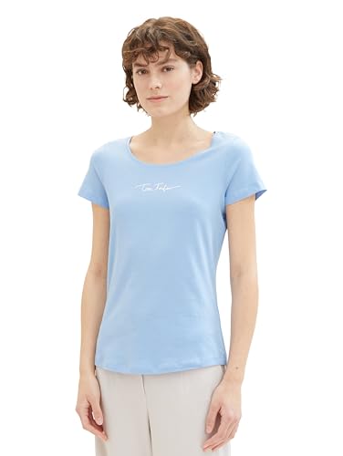 TOM TAILOR Damen Basic T-Shirt mit Logo-Print, 34587 - Light Fjord Blue, XS von TOM TAILOR