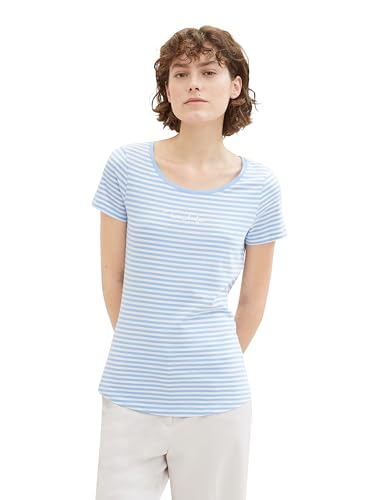 TOM TAILOR Damen Basic T-Shirt mit Logo-Print, 35628 - Blue Stripes, S von TOM TAILOR