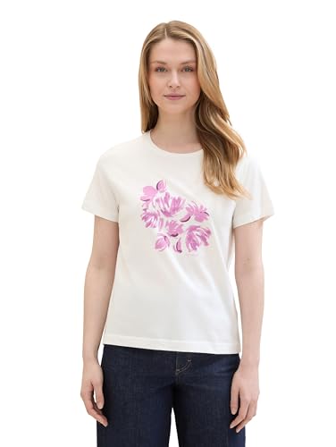 TOM TAILOR Damen Basic T-Shirt mit Print, Offwhite, S von TOM TAILOR