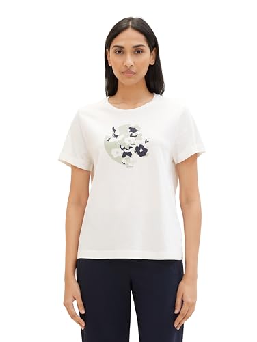TOM TAILOR Damen Basic T-Shirt mit Print, Washed White, XXS von TOM TAILOR